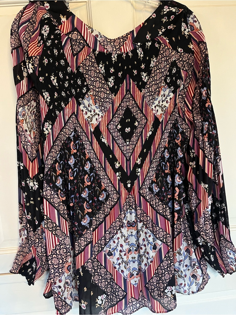 Melissa Paige L Boho Mixed Print Lace Tunic Blouse Bell Sleeve Floral